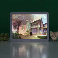 猫咪后院田园风3d光影纸雕灯纸雕立体画面相框画小夜灯桌面摆件