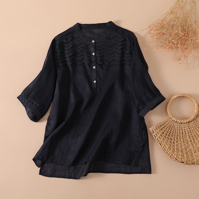 复古原创棉麻休闲黑色上衣2022夏季新款文艺波浪纹薄款亚麻衬衫女