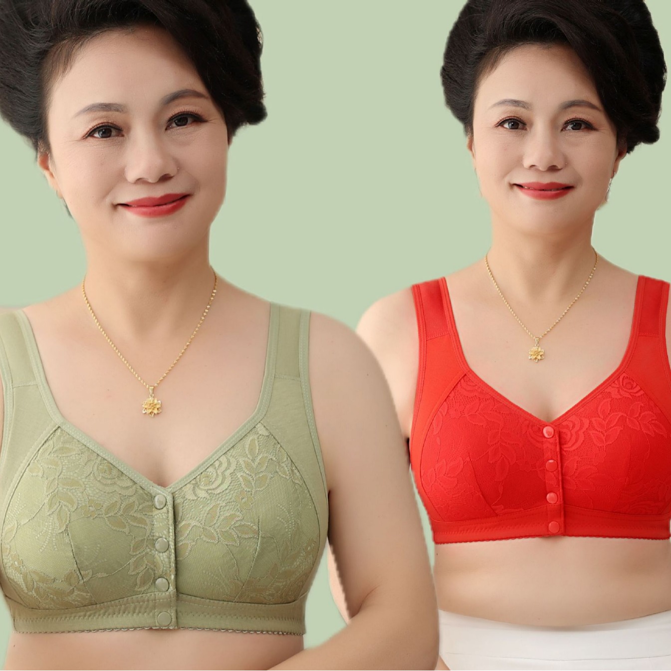 New Wireless Vest-Style Thin and Comfortable Front Buckle Women's Bra Mother's Lace Underwear for Middle-Aged and Elderly