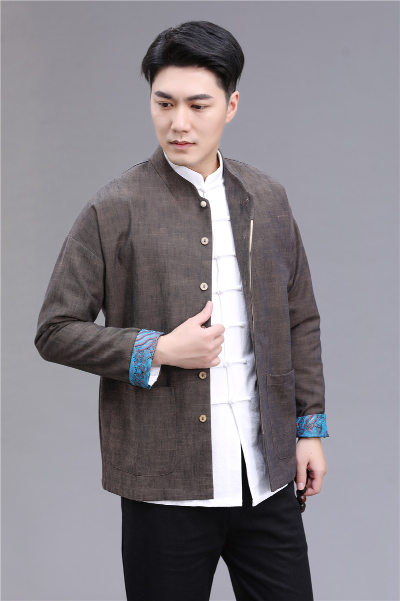 春秋款唐装中山装男外套亚麻夹里长袖上衣复古国风男外套居士茶服