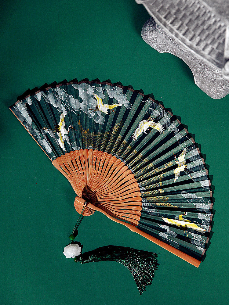 宋徽宗赵佶瑞宣纸竹扇 缎面折扇流苏舞蹈扇汉服中国风复古风扇子