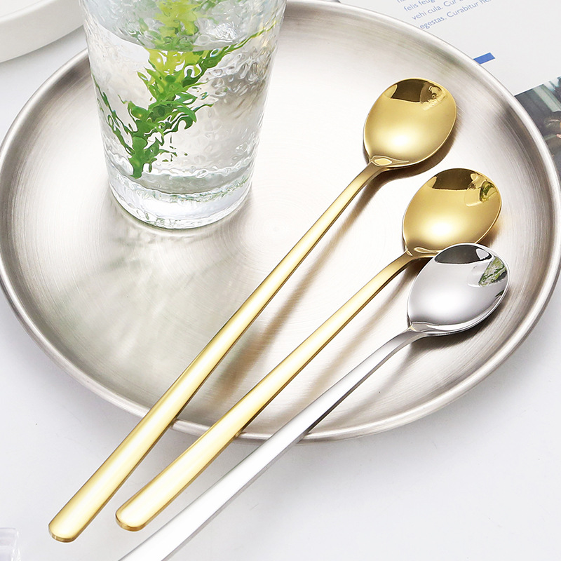 Korean Style Ice Spoon 304 Stainless Steel Long Spoon Cross-Border Coffee Spoon Household Honey Spoon Milk Tea Seasoning Stirring Spoon