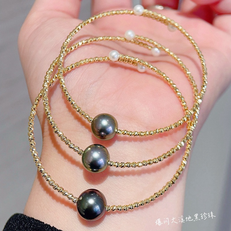 大溪地黑珍珠手镯18k金蹦迪珠车花珠弹力手镯au750海水珍珠手镯