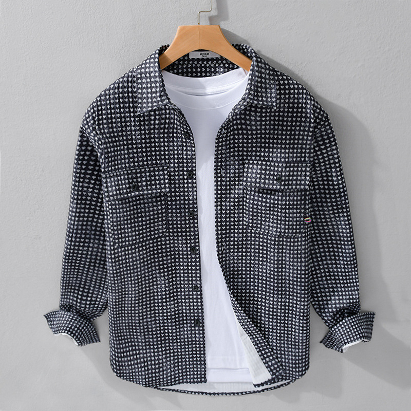 春季男装印花长袖爱心图案长袖衬衫潮流青春舒适百搭流行衬衣9143