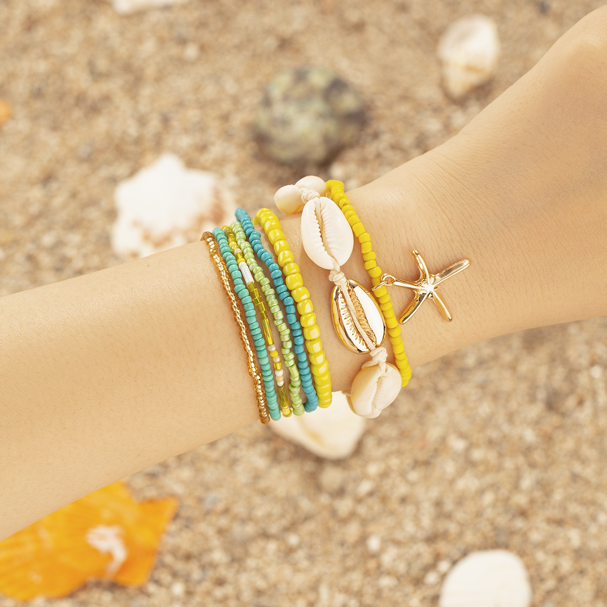 Cross-Border Summer Dopamine Ocean Beach Starfish Shell Beads Bracelet Bohemian Shell Rice Beads Multilayer Bracelet