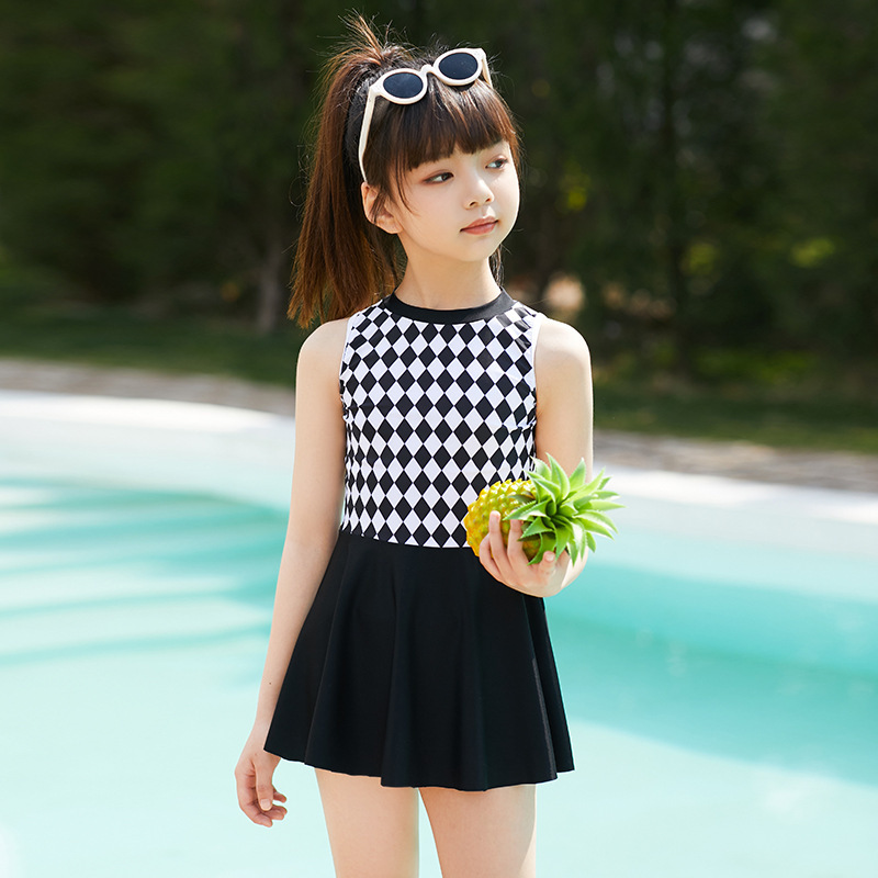 韩版格子女童泳衣分体裙式平角裤中大童6-18岁少女学生儿童泳装