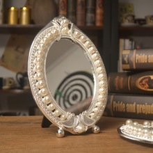 欧式单面镜银色西洋梳妆镜子台式珍珠化妆椭圆镜面创意情人节礼物