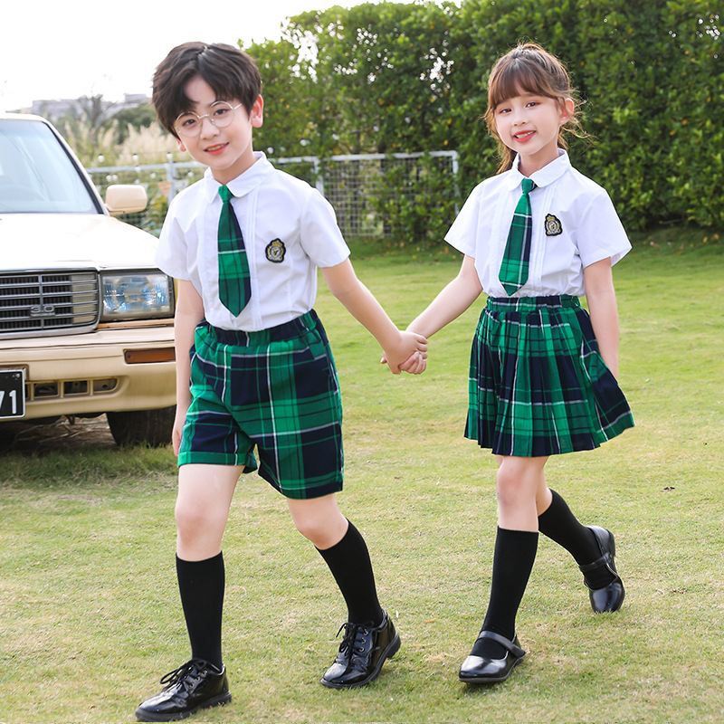小学生校服夏季男童短袖裤子套装白色女童绿色裙子园服班服精品潮