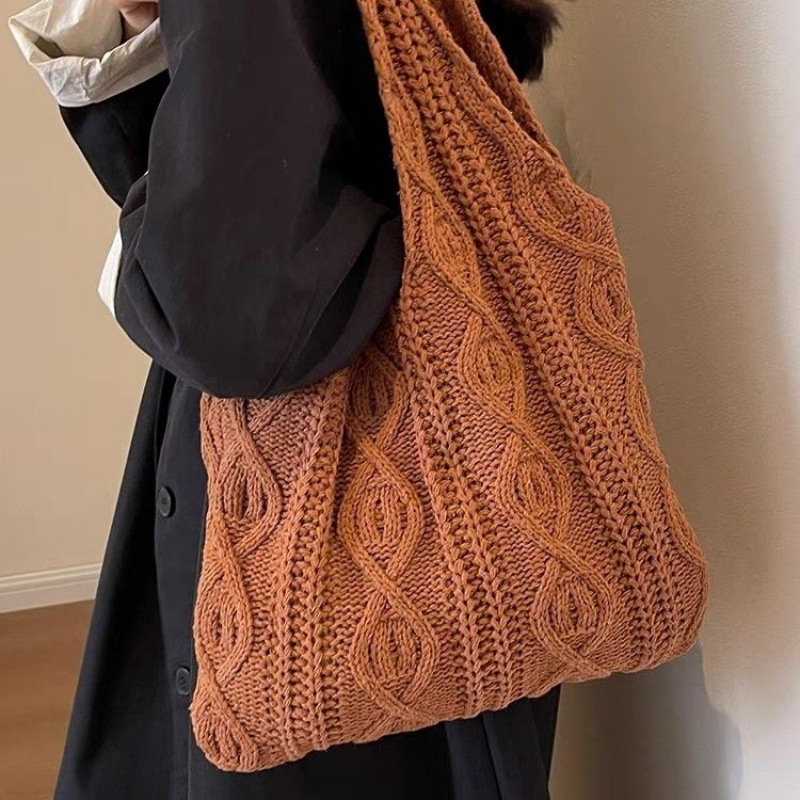 复古针织包毛线编织包托特包百搭单肩包女士手提包购物袋亚马逊