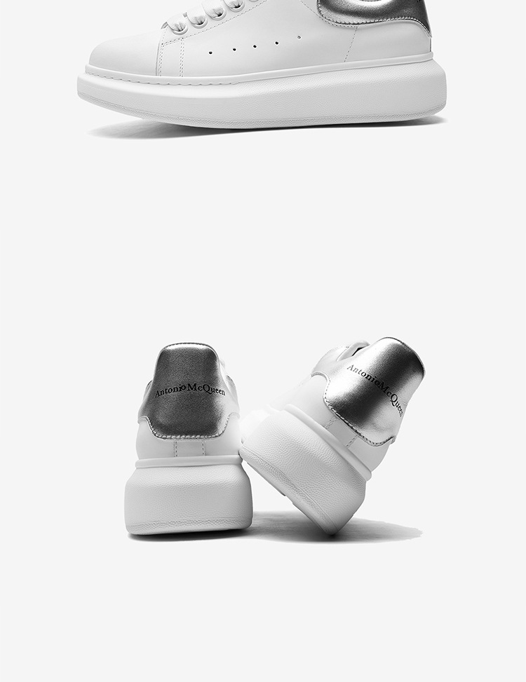 antoniomcqueen安东尼奥麦昆银色小白鞋牛皮休闲内增高女系带板鞋