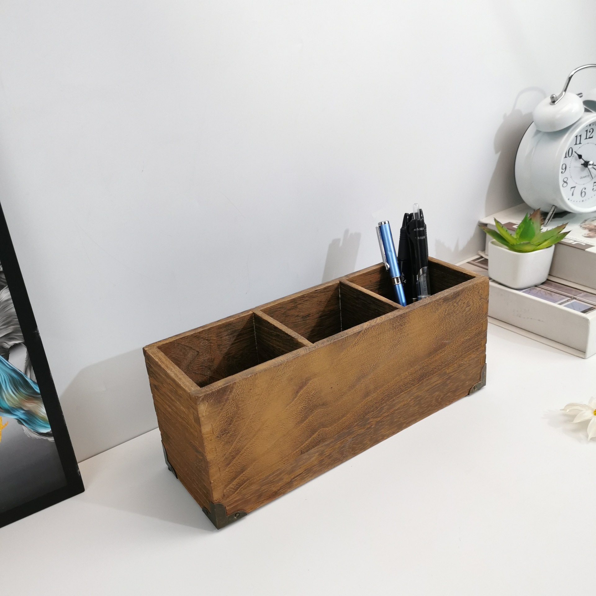 办公室笔筒收纳木质复古书桌学习用品文具盒桌面化妆刷桶创意摆件