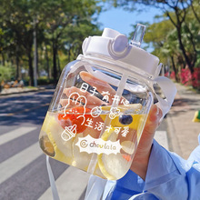 方形水杯女生大容量日式双饮吸管塑料杯耐高温夏季高颜值大肚杯子