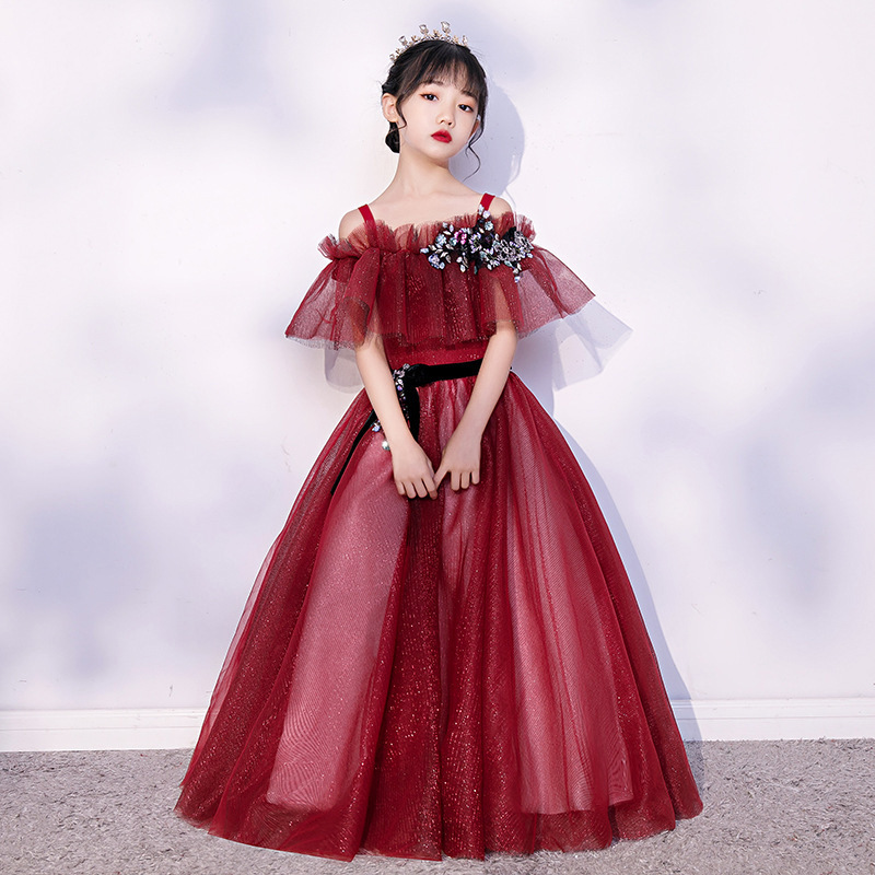 酒红色儿童礼服2022新款女童公主裙蓬蓬纱洋气模特走秀钢琴演出服