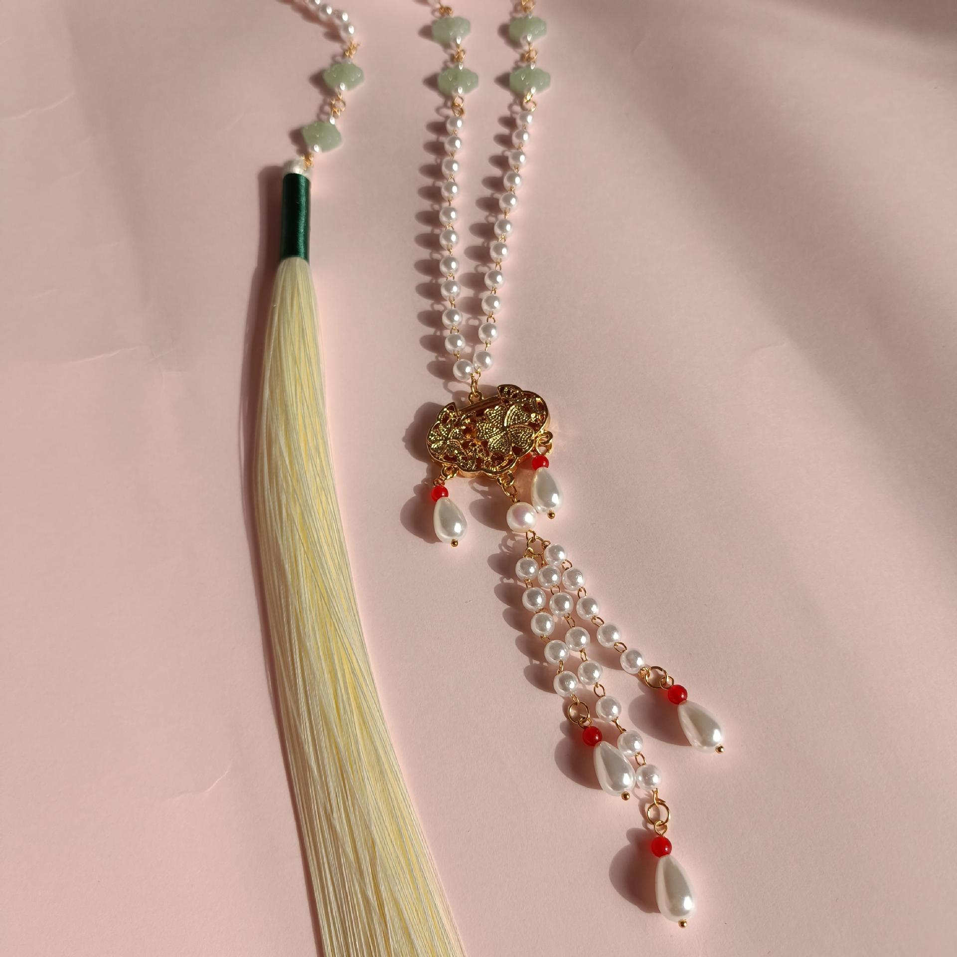 古装汉服璎珞背云长流苏古风项链配饰平安锁珍珠软璎珞明制颈饰品