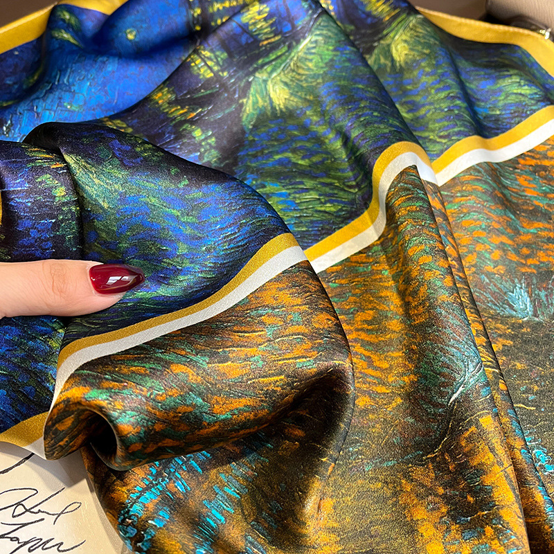 2023 New Spring, Autumn and Summer Stitching Two-Color Oil Painting Day and Night Alternating 53*53 Mulberry Silk Silk Scarf Square Scarf for Women