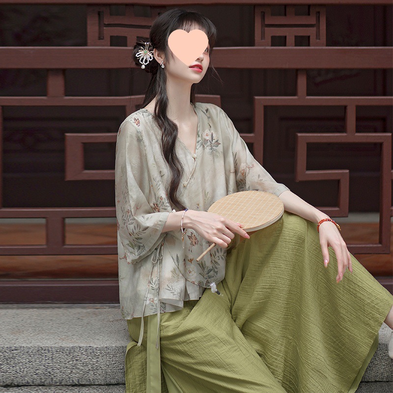夏日新中式文艺茶艺师中国风禅意苎麻上衣汉服唐装女禅意套装宋裤