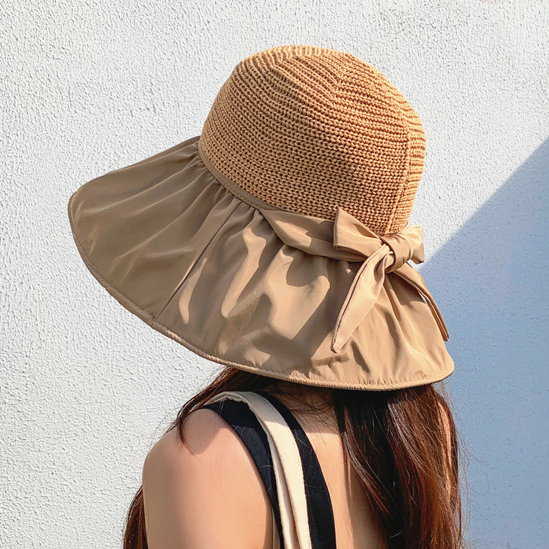 Hat Female Summer Big Brim Black Glue Bucket Hat UPF50 + Bow Sun Hat Face Cover Sun-Proof Hat Sun Hat Female