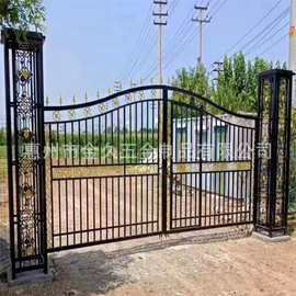 厂家定制小区灯笼柱大门 学校铁艺对开门 家用户外铁艺大门