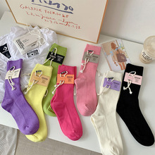 糖果色袜子女韩国街头风少女个性皮标抽绳中筒袜秋季网红款运动袜