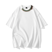 51嘻哈潮牌美式复古宽松cleanfit短袖男款设计感领口拼接纯色T恤