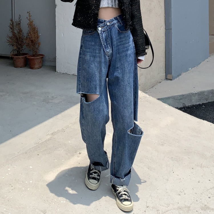 2021秋季新款韩国东大门鬼马系少女韩版休闲高腰斜扣破洞牛仔裤女