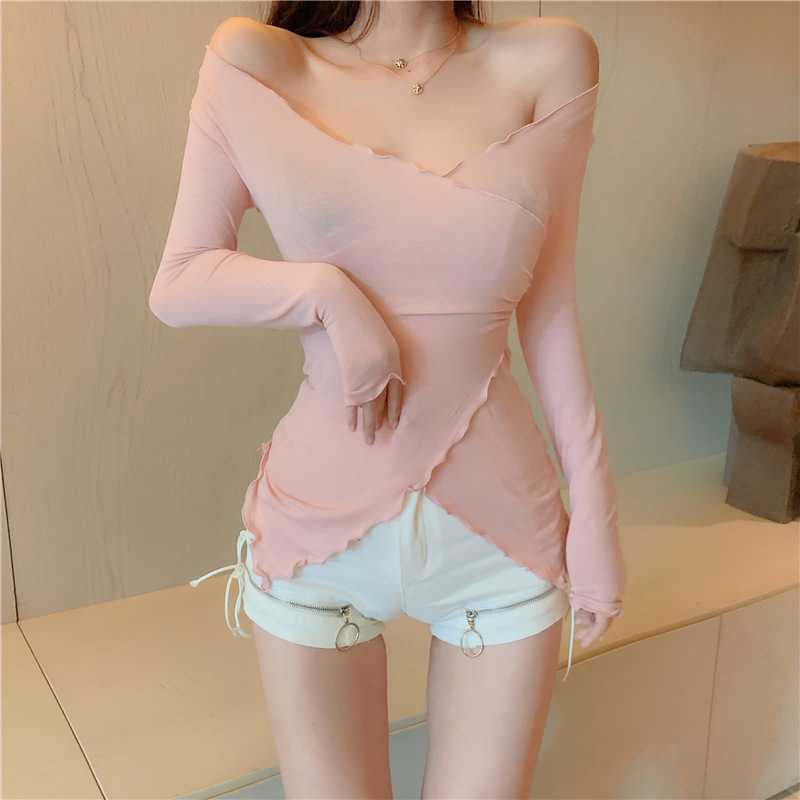 网红款直播衣服性感上镜女主播服装一字肩低胸露肩不规则t恤上衣