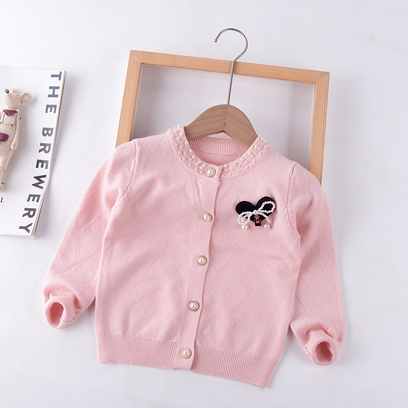 2024秋装女童中小童宝宝钉珠毛衣开衫儿童针织衫洋气童装粉色外套