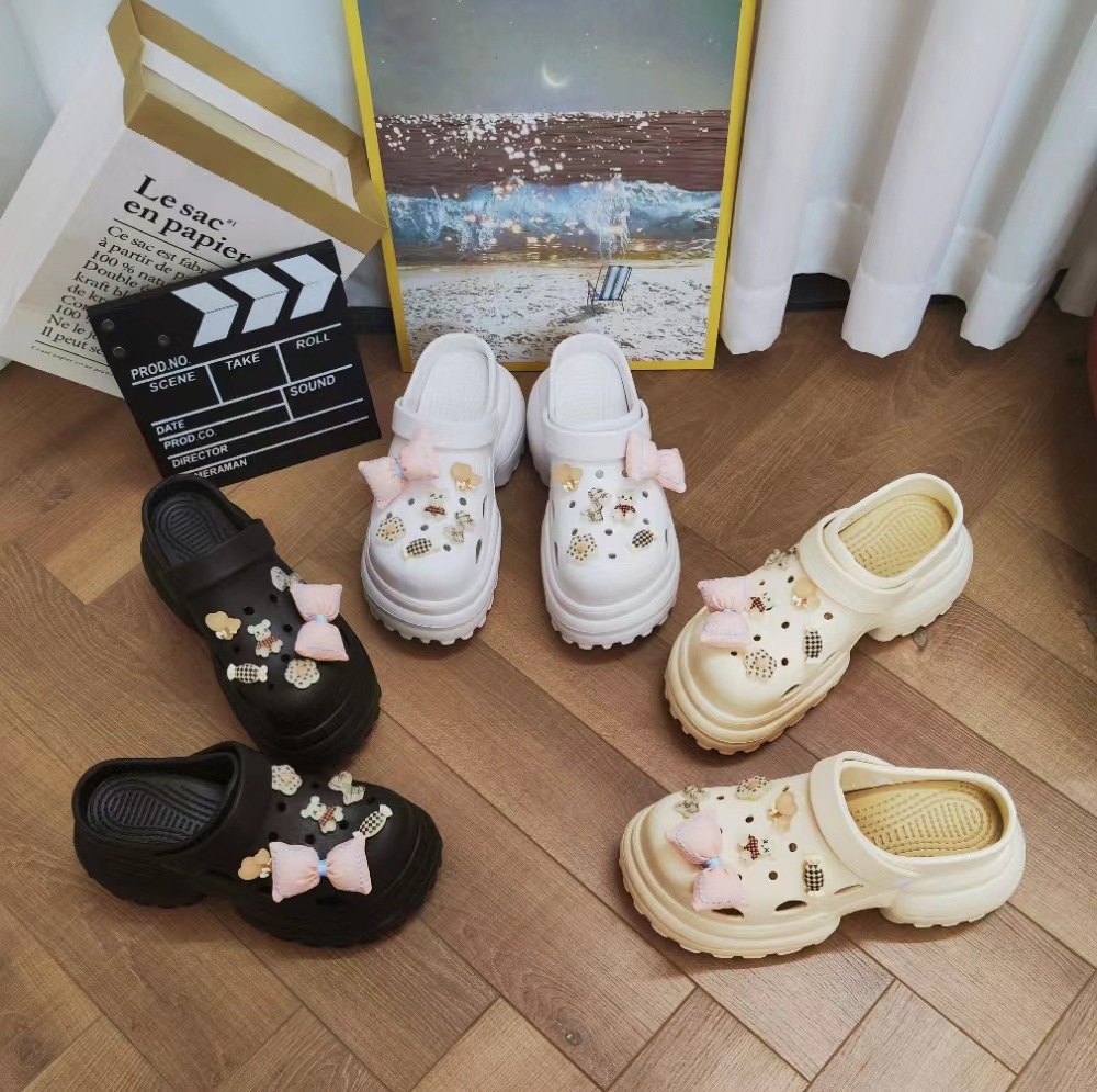 女士厚底洞洞鞋时尚网红蝴蝶结小熊eva包头拖鞋外穿增高沙滩凉拖