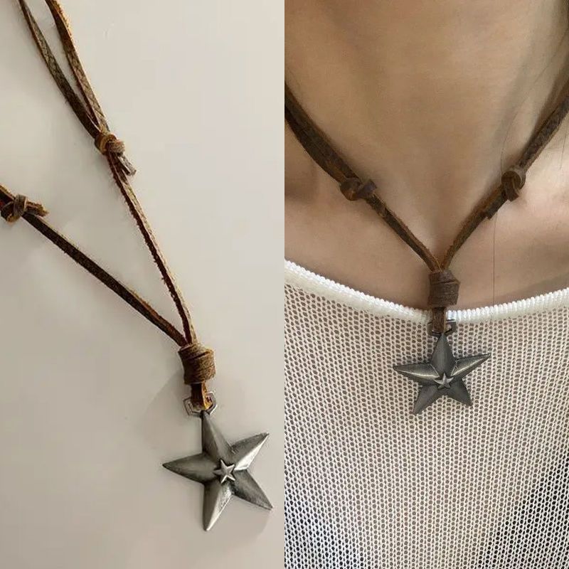 Adjustable Personality XINGX Pendant Punk Necklace Cowhide Alloy Silver Five-Pointed Star Long Necklace Sweater Chain