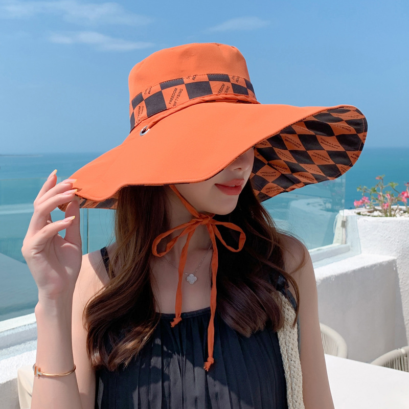 2023 Korean Style Summer Hat Women's Fashion All-Match Checkered Double-Sided Big Brim Fisherman Hat Travel Sun Protection Sun Hat