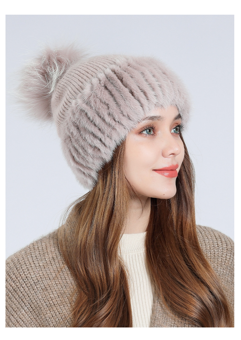 跨境热销俄罗斯貂毛帽子女冬天加绒保暖护耳毛线帽时尚皮草针织帽