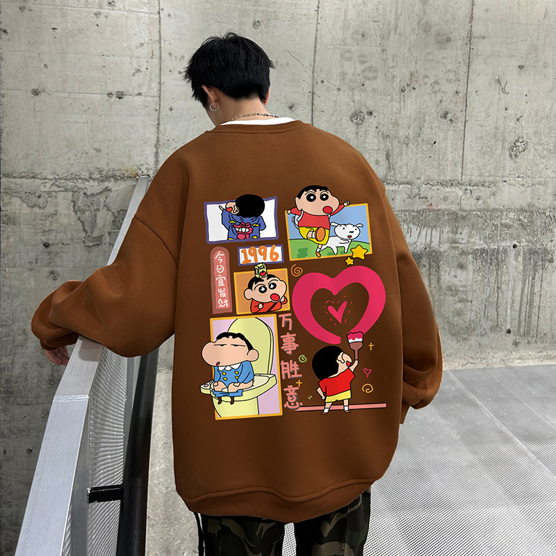 秋冬新款蜡笔小新印花长袖圆领卫衣韩版简约宽松加绒情侣休闲上衣