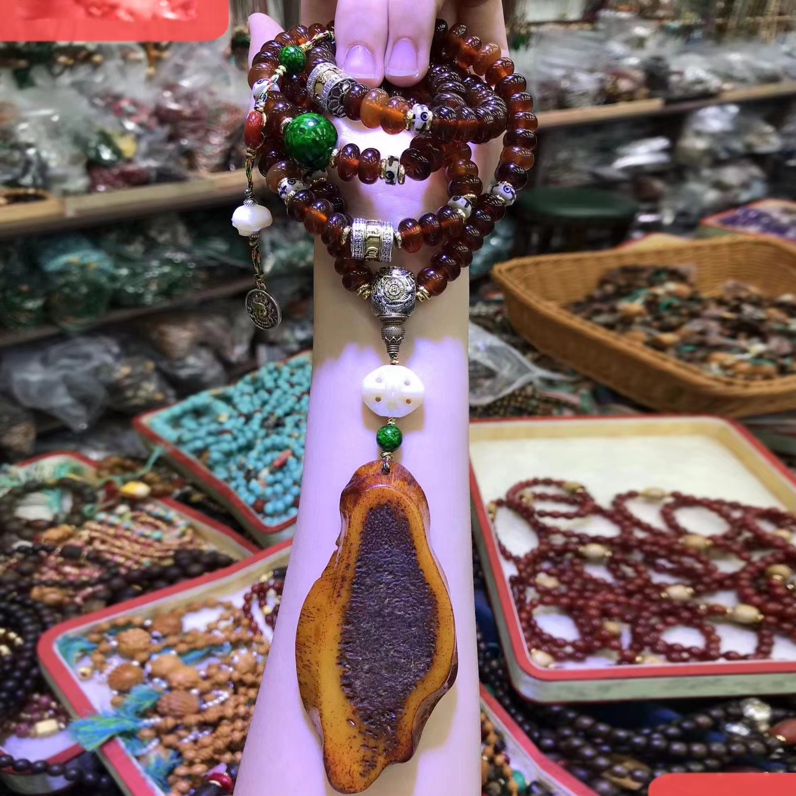 藏式山龟盘珠项链文玩牦牛骨吊牌藏银仿虬角项饰配件批发女男款