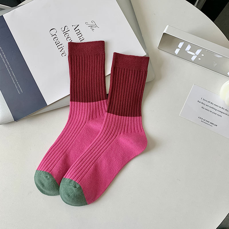 Women's Retro Vertical Stripe Cotton Socks Double Needle Double-Way Breathable Mid-Calf Socks All-Match Dopamine Socks Pink Outer Wear Socks