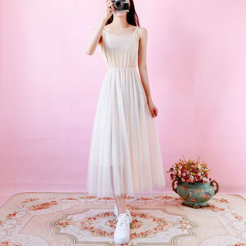 背心纱裙长款复古内搭网纱拼接仙女连衣裙收腰打底长裙小清新吊带