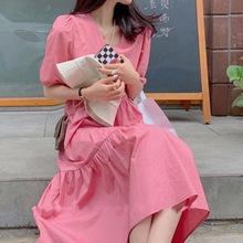 法式初恋甜美仙女裙2024年夏季新款粉色感显瘦泡泡袖连衣裙女