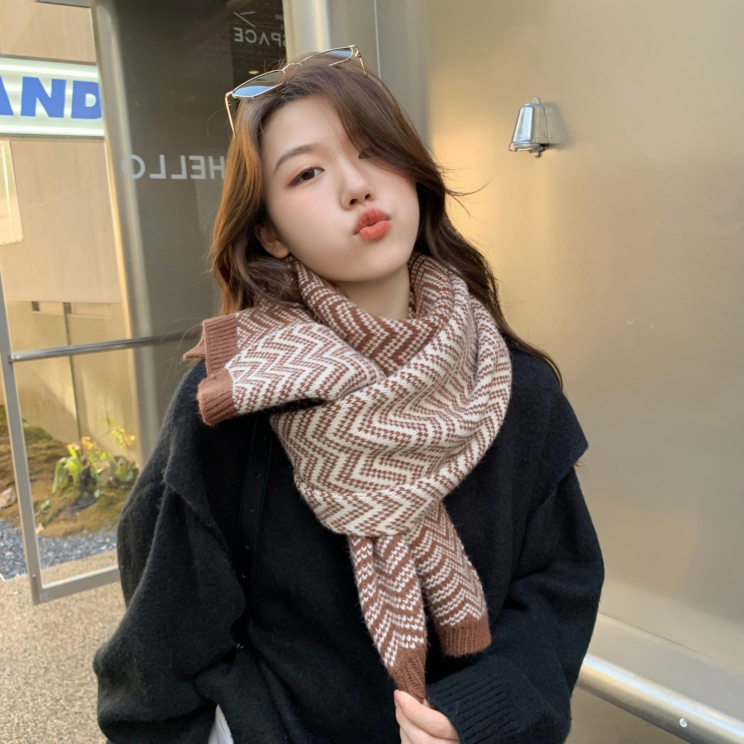 2021 Korean Style All-Match Knitted Wool Wave Pattern Male and Female Matching Style Scarf Autumn and Winter Long Thick Scarf