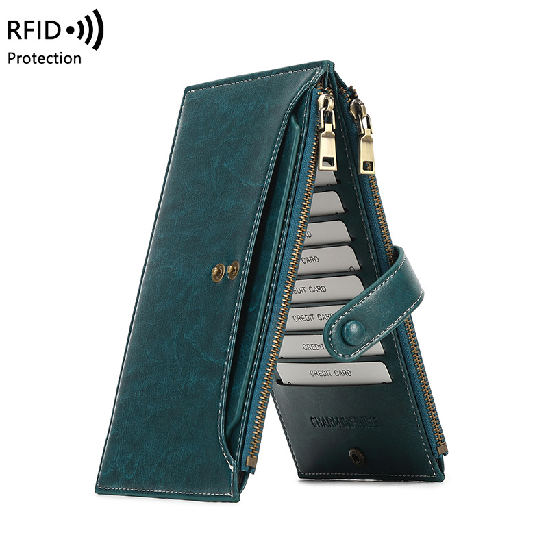 跨境热销RFID防磁钱包双层拉链手机包皮夹欧美新款大容量长款钱包