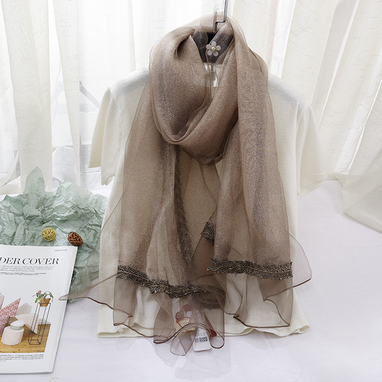 双层欧根纱真丝丝巾春秋金银丝长款围巾搭配旗袍披肩两用防晒纱巾