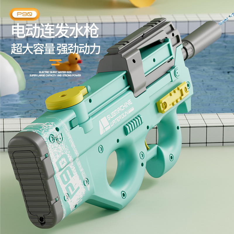 New High-Pressure Electric High-Speed Continuous Hair P90 Water Gun Large Capacity External Water Bottle Outdoor Water Fight Beach Toys