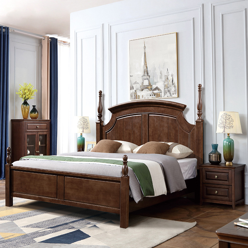 田园复古美式实木床 简约1.8米双人主卧大床1.5米罗马柱单人床