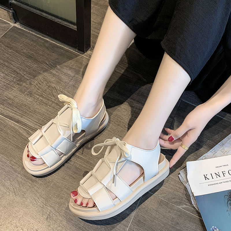 夏新款凉鞋女仙女风交叉绑带平底鞋复古学生系带休闲罗马鞋子