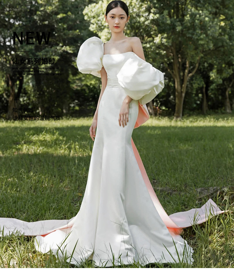 明星高定婚纱鱼尾一字肩大蝴蝶结礼服女迎宾纱法式简约缎面轻婚纱