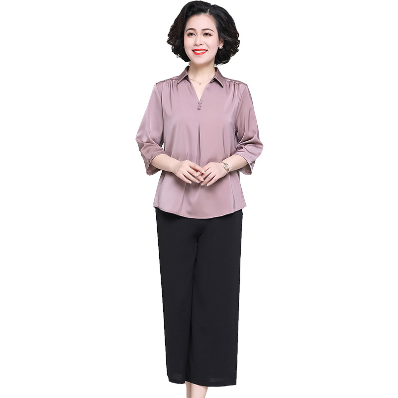 Middle-Aged Mom Spring and Autumn Top Western Style Wide-Leg Pants Two-Piece Set 40-Year-Old 50 Middle-Aged and Elderly Women's Summer Lapel T-shirt