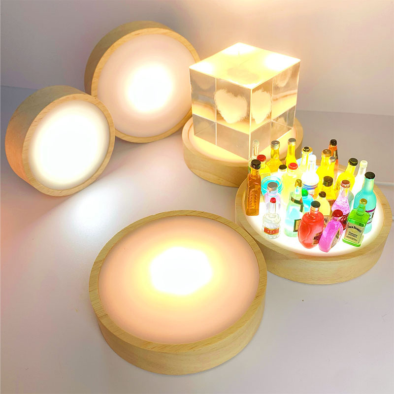 round Solid Wood Luminous Base Diffuser Diy Resin Luminous Internet Celebrity Piggy Bottle Led Lamp Holder Night Light