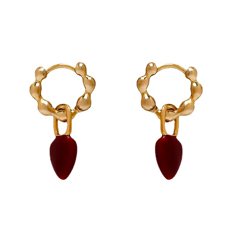 French Simplicity Vintage Wine Red Love Heart Earrings Detachable Ear Clip All-Match Circle Fashionable Earrings Female