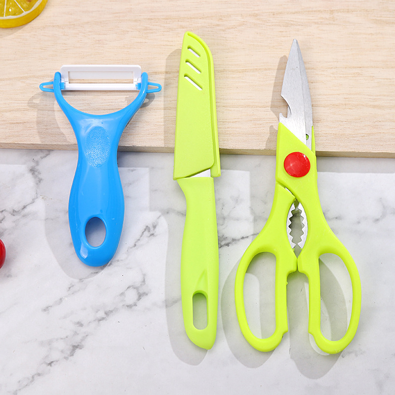 Knife Three-Piece Scissors Fruit Knife Ceramic Planer Household Kitchen Gadget Set Scissors Fruit Knife