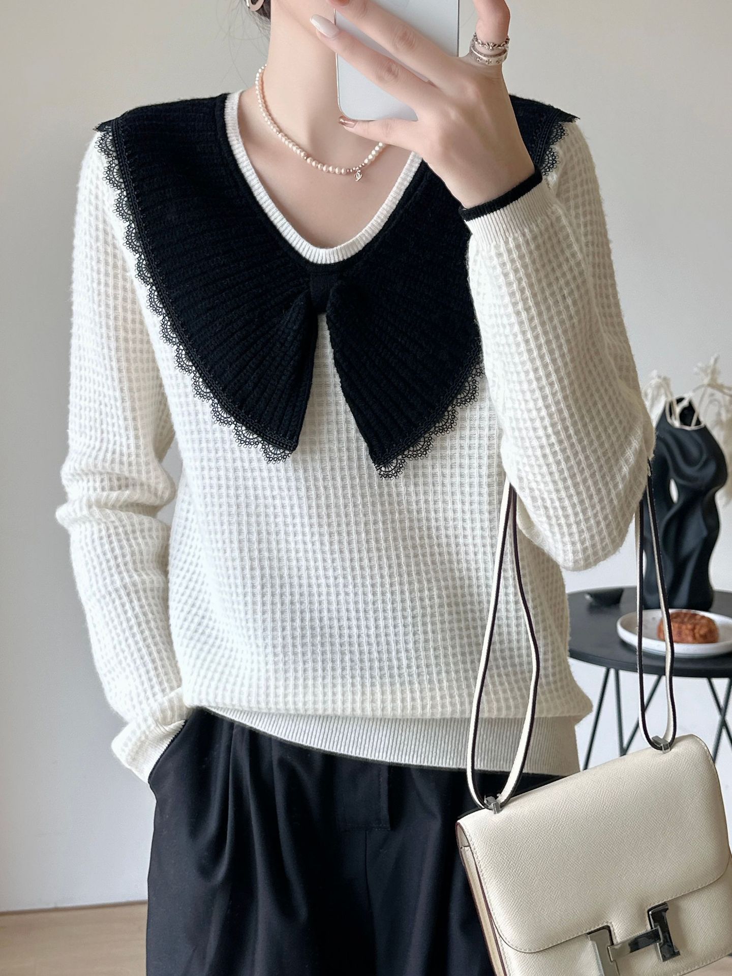 2022秋冬季新款法式学院风拼接蕾丝边娃娃领纯羊毛羊绒针织衫女装