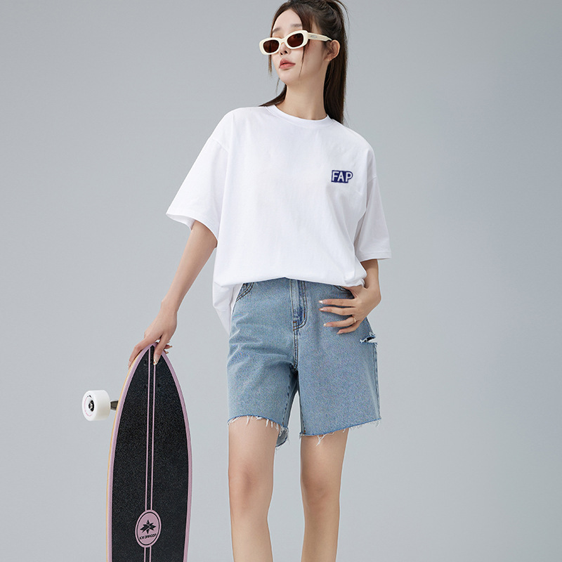 Summer White Cotton off-Shoulder Women's T-shirt Short Sleeve Korean Style round Neck Loose Half Sleeve Fat Girl Slimming Large Size Women's Clothing