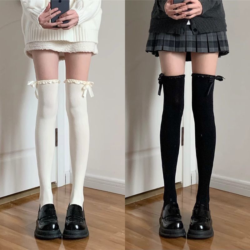 花边丝带蝴蝶结长筒过膝袜春秋款显瘦高颜值森系lolita袜子女高筒